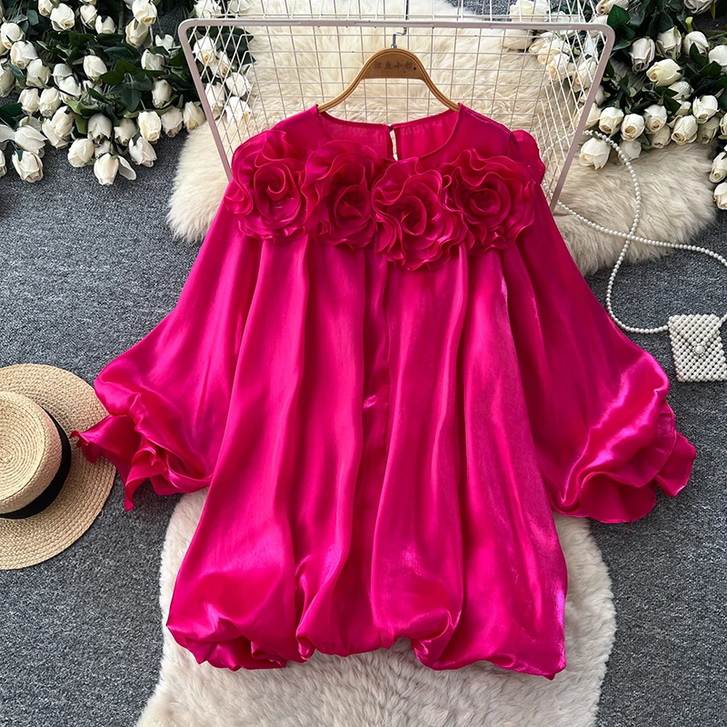 French Three-dimensional Flower Lantern Sleeve Shirt Women's Spring Autumn New Loose Elegant Party Top B12