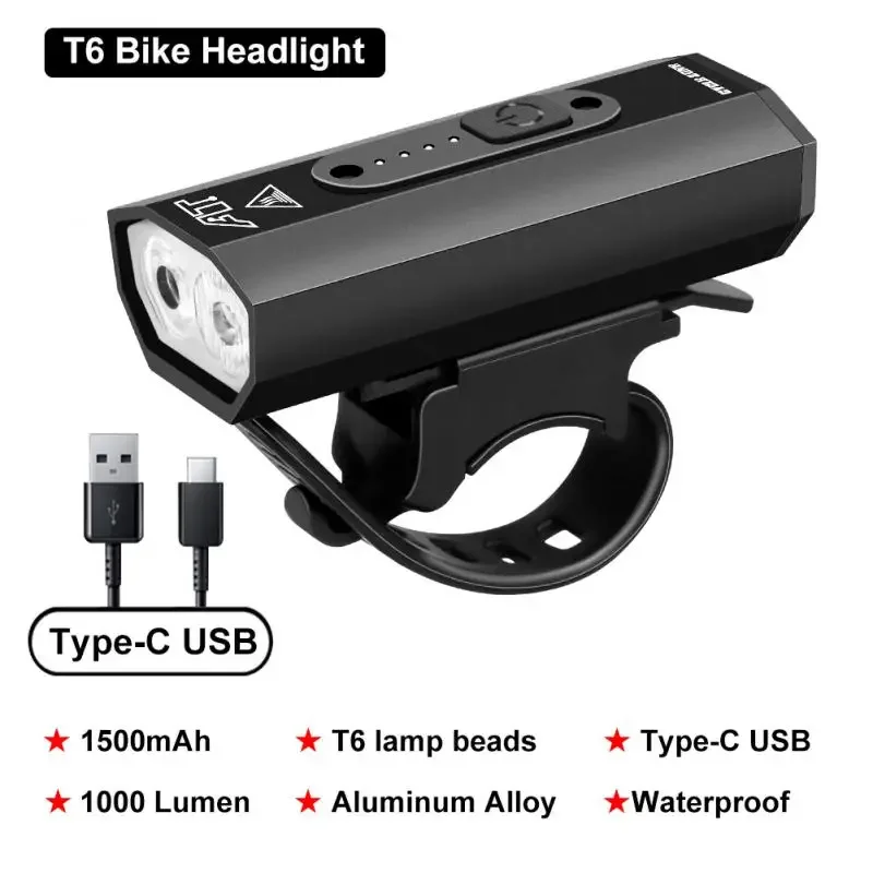 T6 LED Bike Light Front 1000 Lumen Type-C USB Rechargeable Lamp Cycling Headlight Mountain Road Bicycle Lantern Bike Accessories