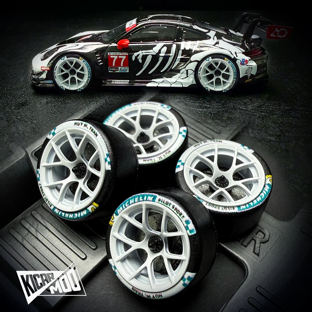 Kicarmod 1/64 Resin "Dove" Center Lock Racing Model Wheels 10.8mm with Rubber Tires & Dynamic Bearings for MINIGT 911 R8