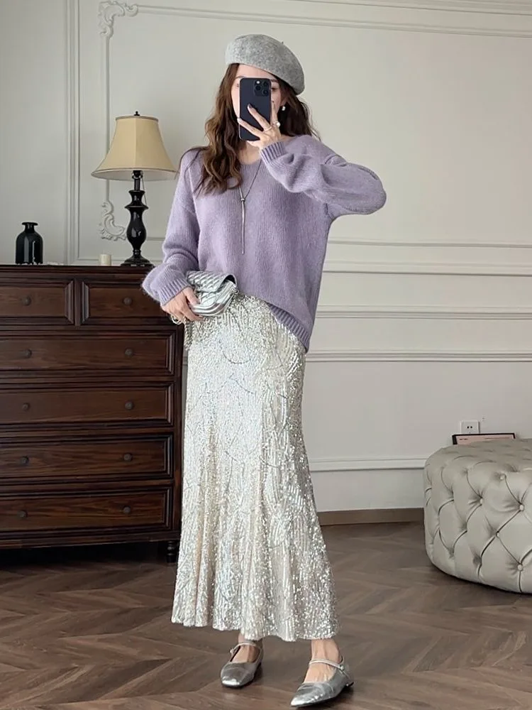 Korobov Silver Sequin A-line Fishtail Skirt Vintage Skirts for Woman Long Dress Korean Fashion Y2k Clothing Faldas Para Mujeres