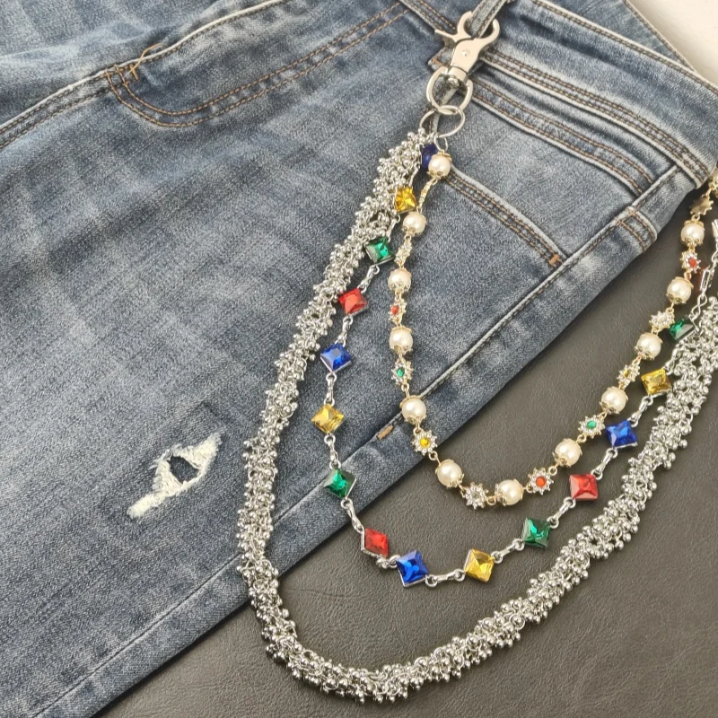 2025 New Model Pearl Pants Chain Three Layers Locomotive Chain Fashionable Men And Women Hip Hop Accessories Retro Keychain