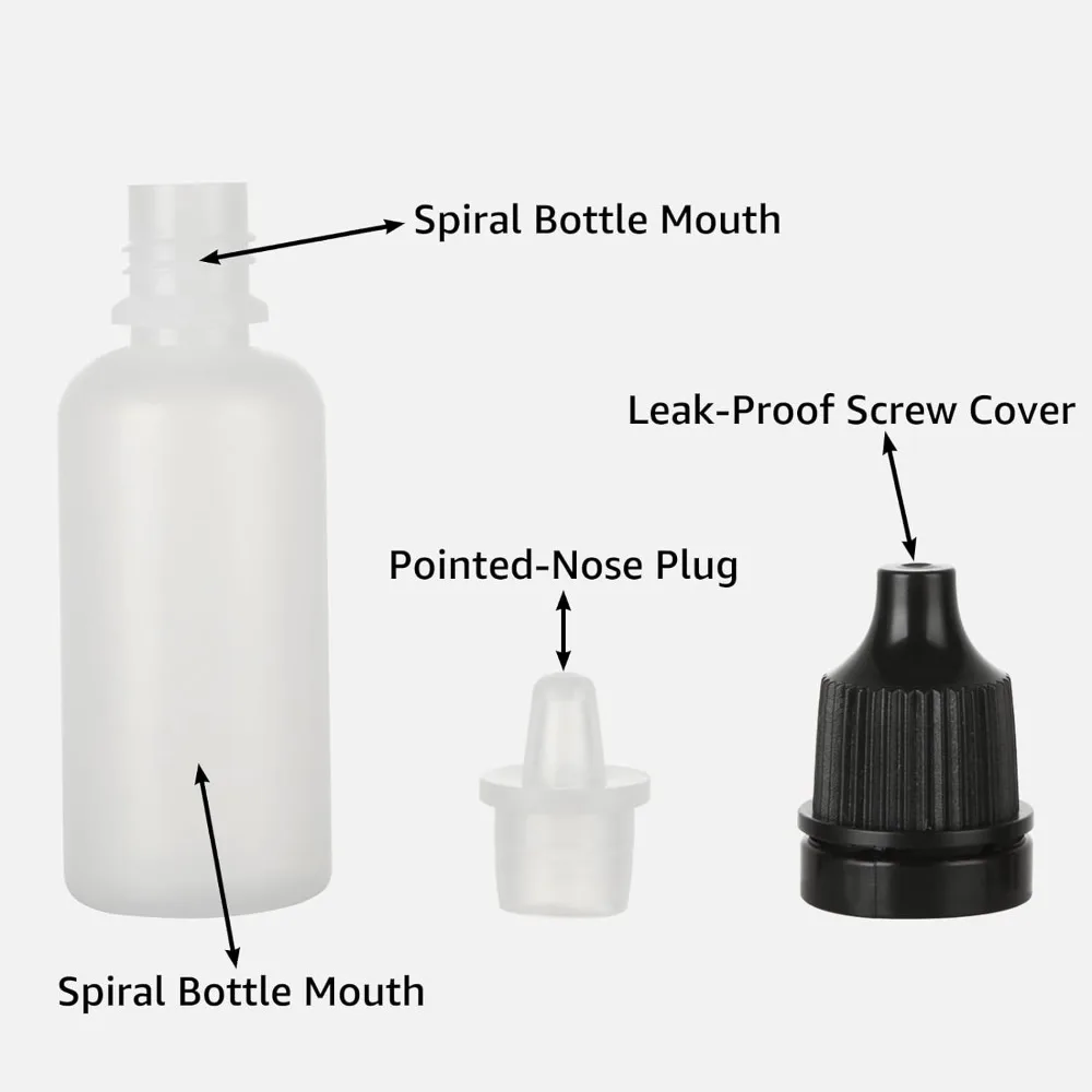 100 Stück 3-50ml Plastik-Tropfflaschen mit schwarzem Verschluss, leere, quetschbare Augenflüssigkeitsflaschen für Farbproben, ätherische Öle, mit Trichtern – Detail 2