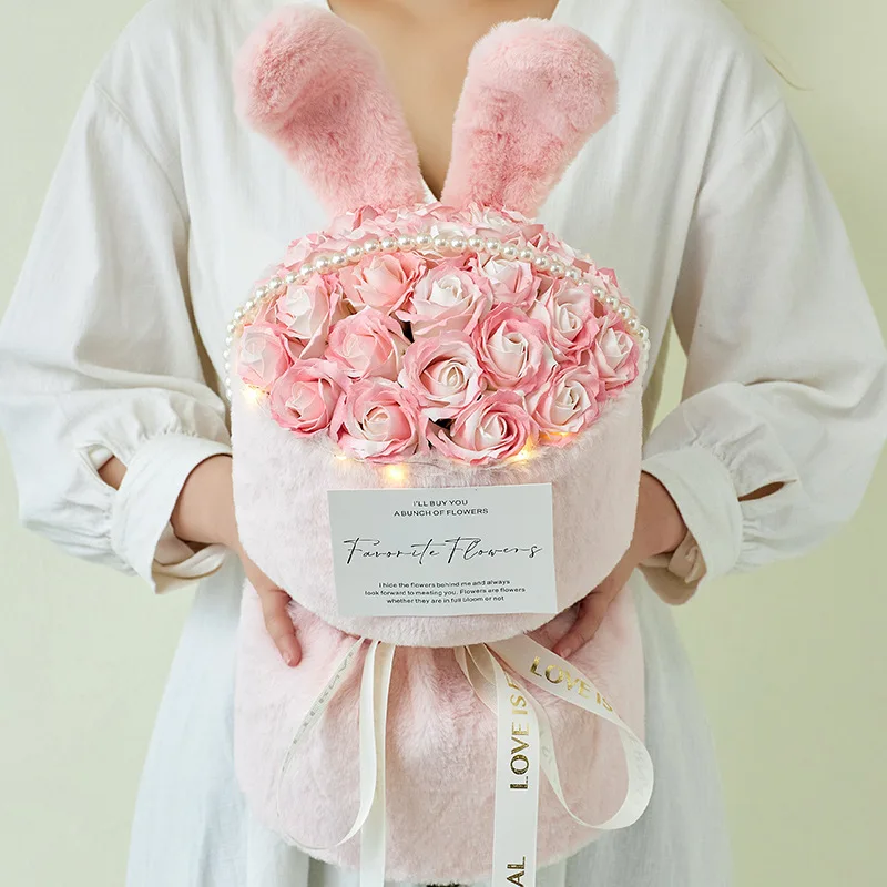 Orecchio di coniglio Bouquet di Rose giocattoli per bambole fiori artificiali Bouquet di Rose di san valentino decorazione per feste di matrimonio regalo di compleanno di natale