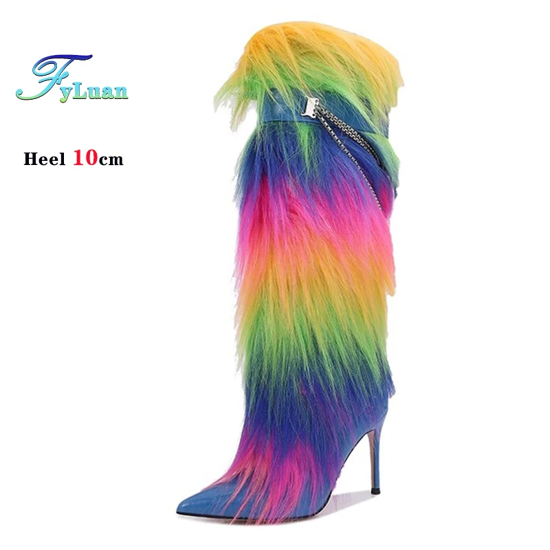 Sexy Ladies Catwalk Party Plush Women Boots Winter Metal Chain Rhinestone Stage Model Shoes Pointed Thin High Heel Knee Boots