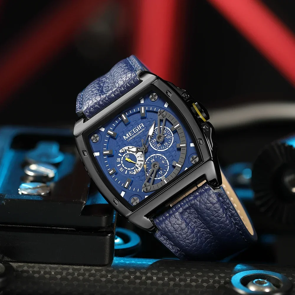 MEGIR Luxury Watch For Men Quartz Sport Waterproof Chronograph Man Watches Military Fashion Leather Strap Wristwatch Male Clock image 3