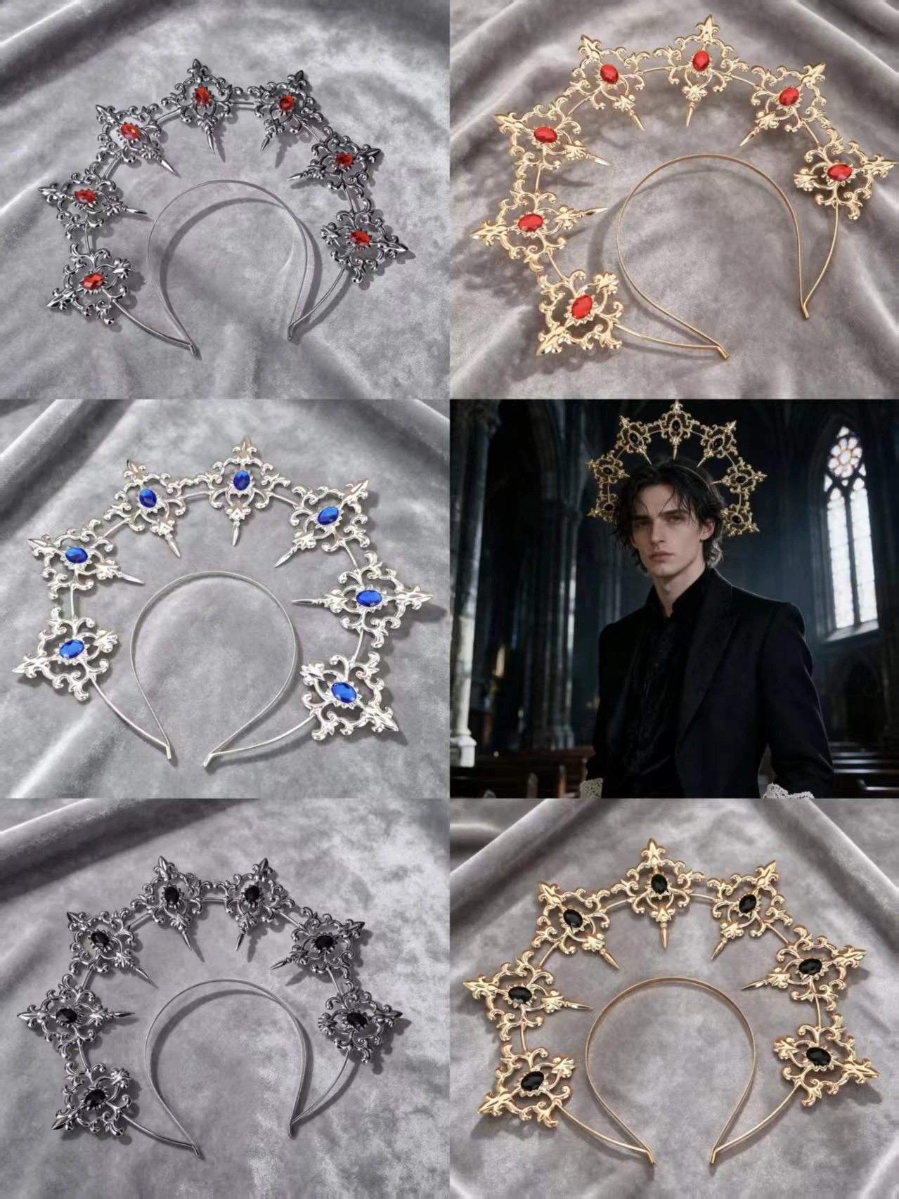 Gotische schwarze Kristall-Halo-Krone für Herren – Königlicher Kopfschmuck im Barock-Stil für Halloween-Cosplay – Detail 1
