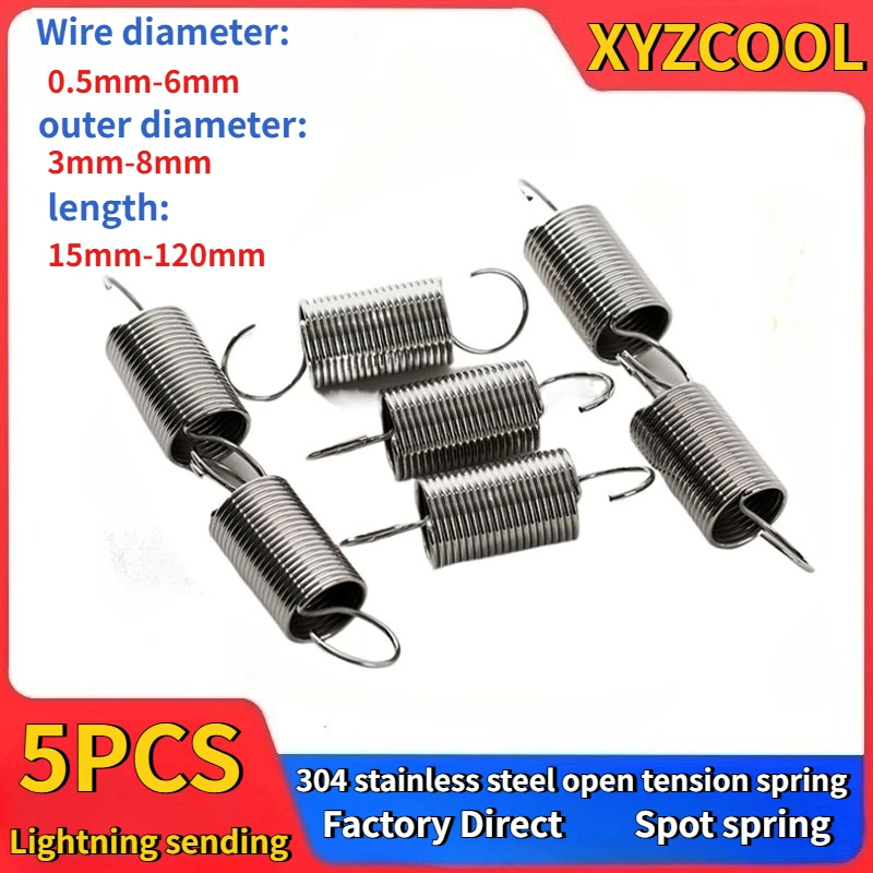 0.5mm/0.6mm Wire Diameter 304 Stainless Steel S Hook Tension Cylindroid Helical Coil Pullback Extension Tension Spring 5PCS