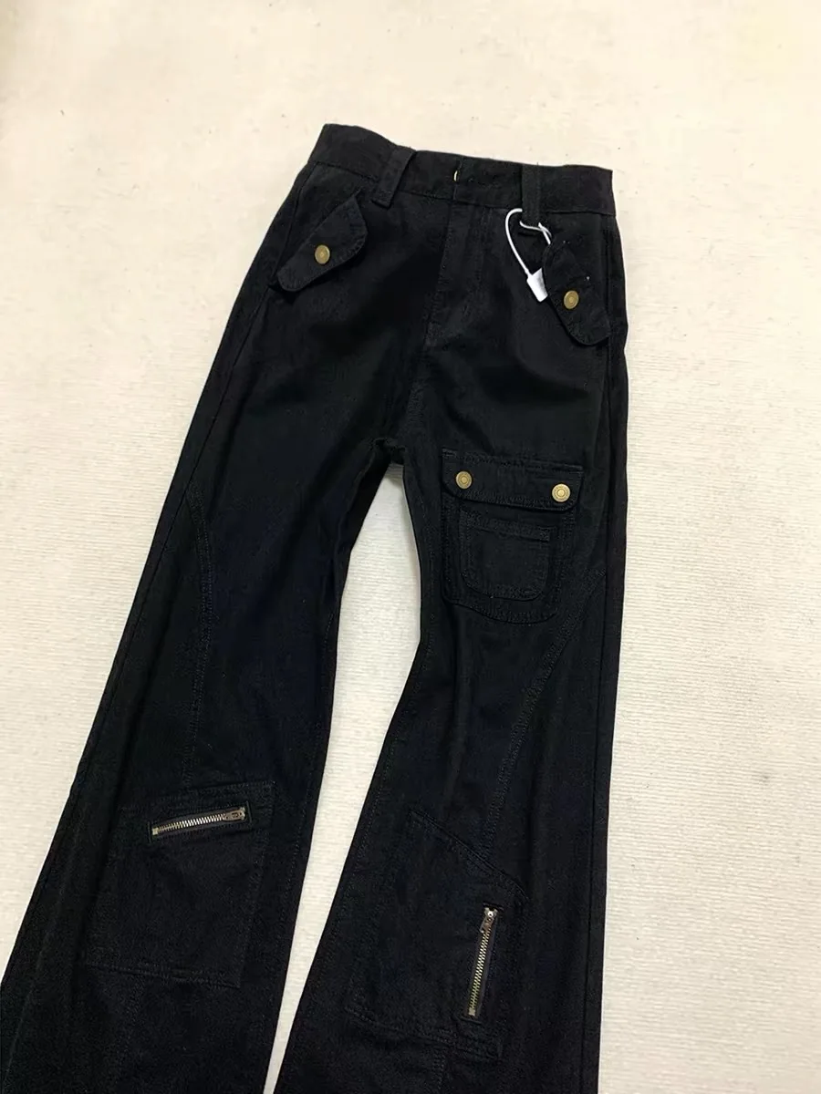 Black Denim Work Trousers Women's Spring New American Heavy Design Sense Slimming Micro Flared Jeans Multiple Pockets