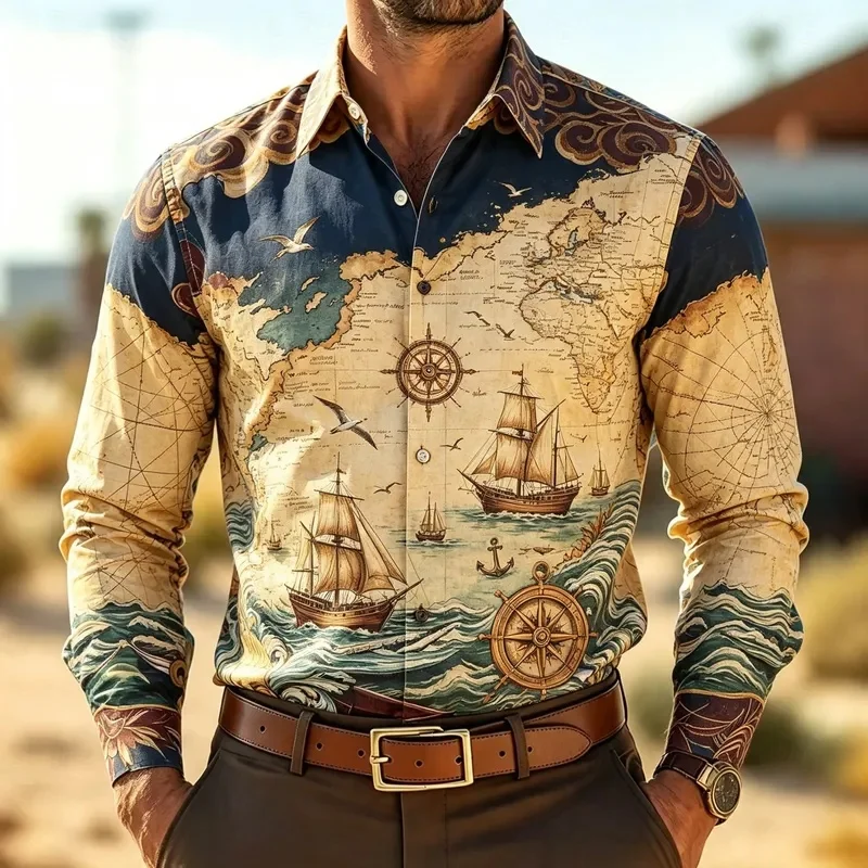 Men's Vintage Nautical Map Sailboat Print Long Sleeve Shirt Turn Down Collar Beach Holiday Outdoor Casual Shirts For Men