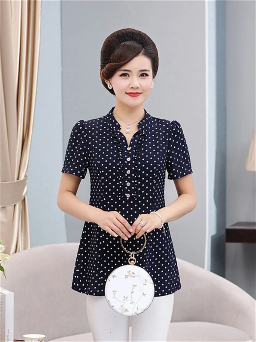 5XL Loose Women Spring Summer Shirts Lady Fashion Casual Short Sleeve V-Neck Collar Polka Dots Blusas Tops TT2036