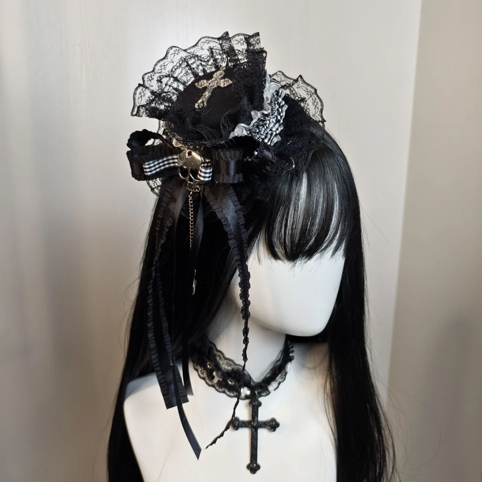 Y2K Kopfbedeckung Lolita Harajuku Mädchen Dark Gothic Schleife Spitze Totenkopf Kreuz Kleiner Hut Haarnadeln Mini Zylinder Haarspange