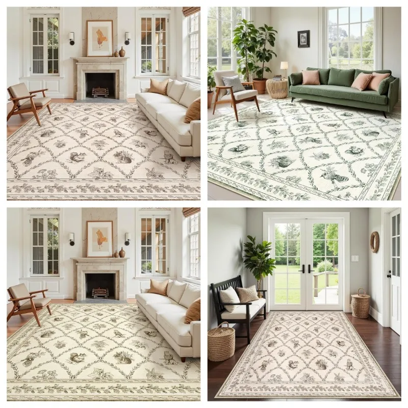 

Carpet for Living Room Foldable Machine Washable Sofa Coffee Table Floor Mat Restaurant Non-slip Rug Retro Floral Bedroom Rugs