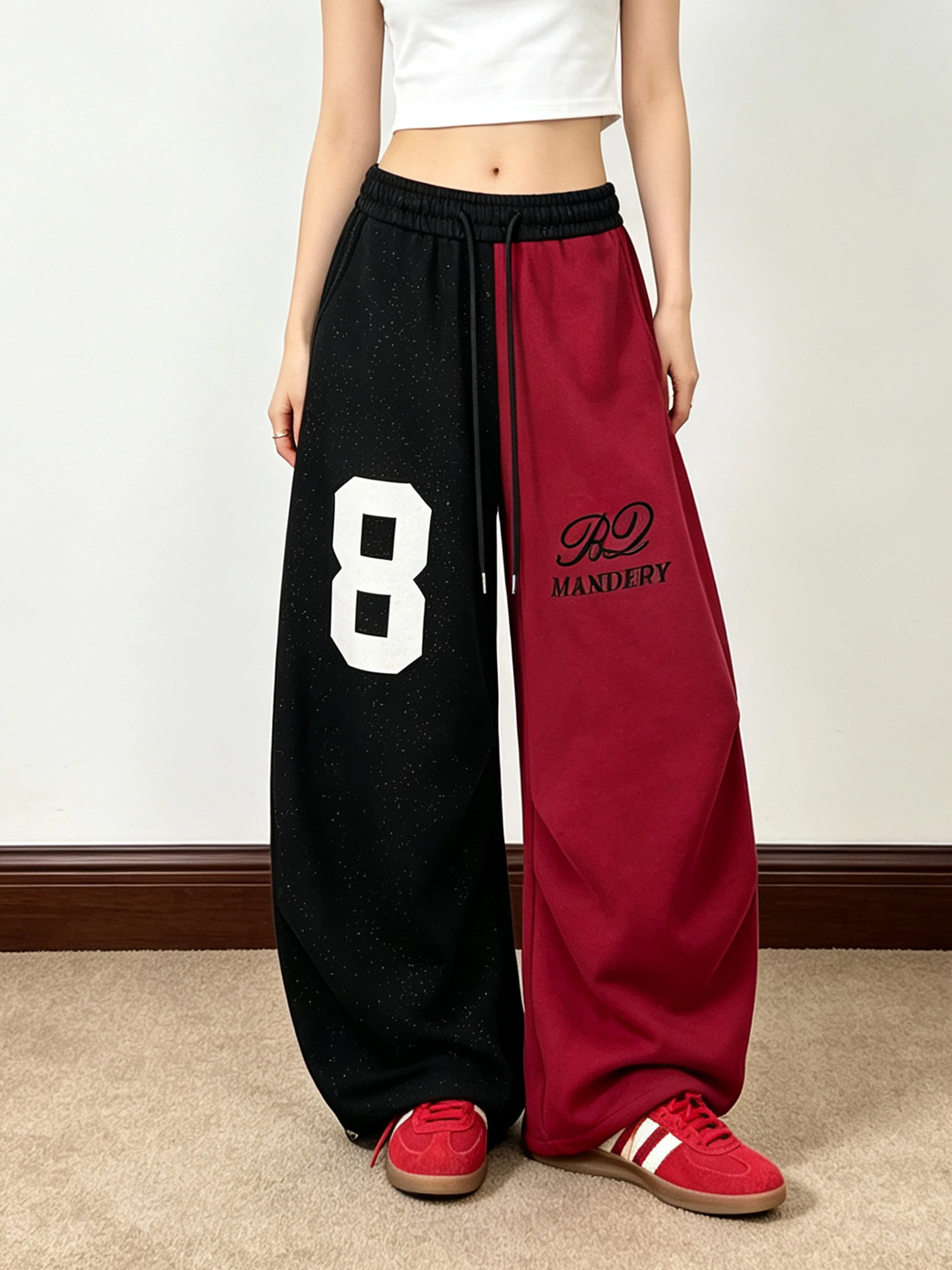 American Color Block Wide Leg Sweatpants Women's Digital Print Shiny Powder Draping Drawstring Trousers Casual Cotton Blend