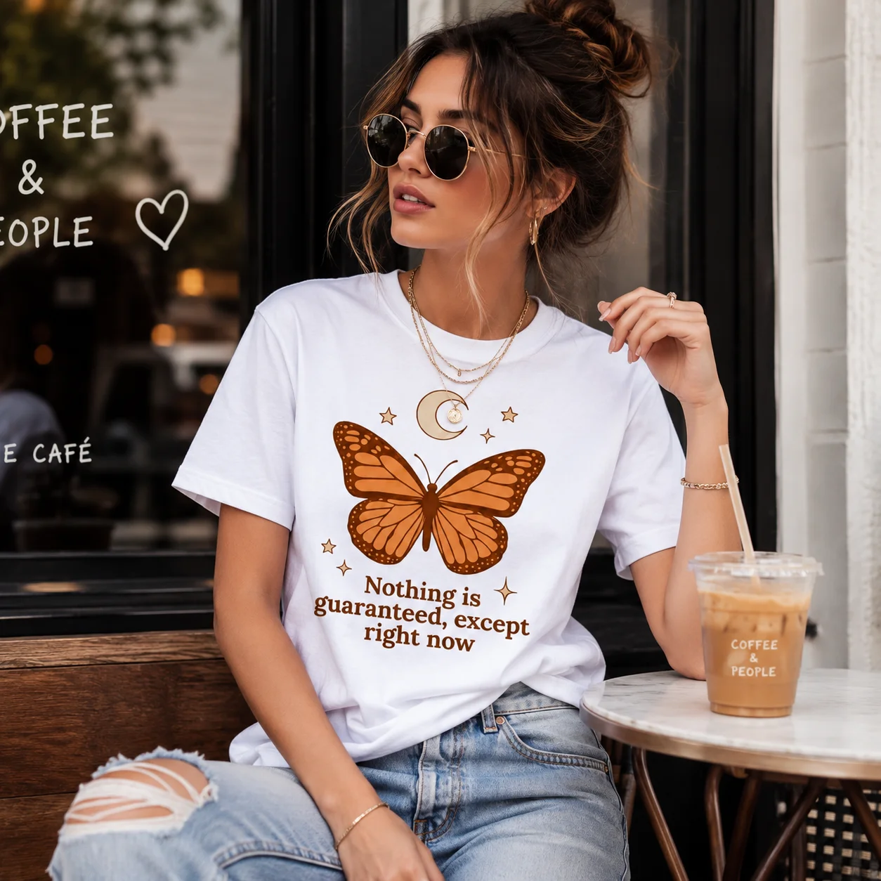 100% Cotton Boho Butterfly Crescent Moon Star T-Shirt Women Pure Cotton Inspirational Quote Casual Graphic Short Sleeve Tee