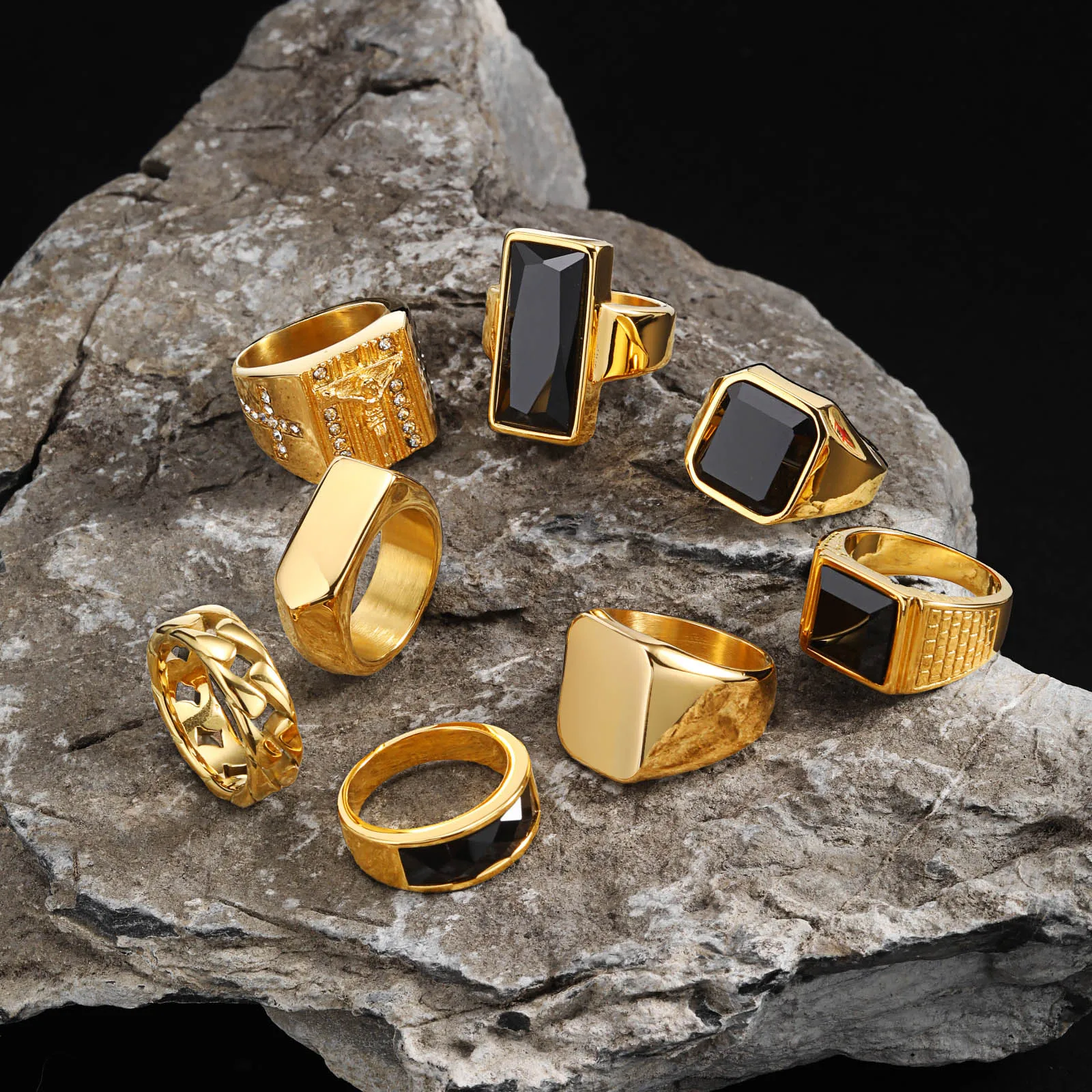 Vintage Punk Stainless Steel Signet Rings for Men, Geometric Natural Stone Chunky Rings, Fashion Retro Finger Jewelry Size 7-13