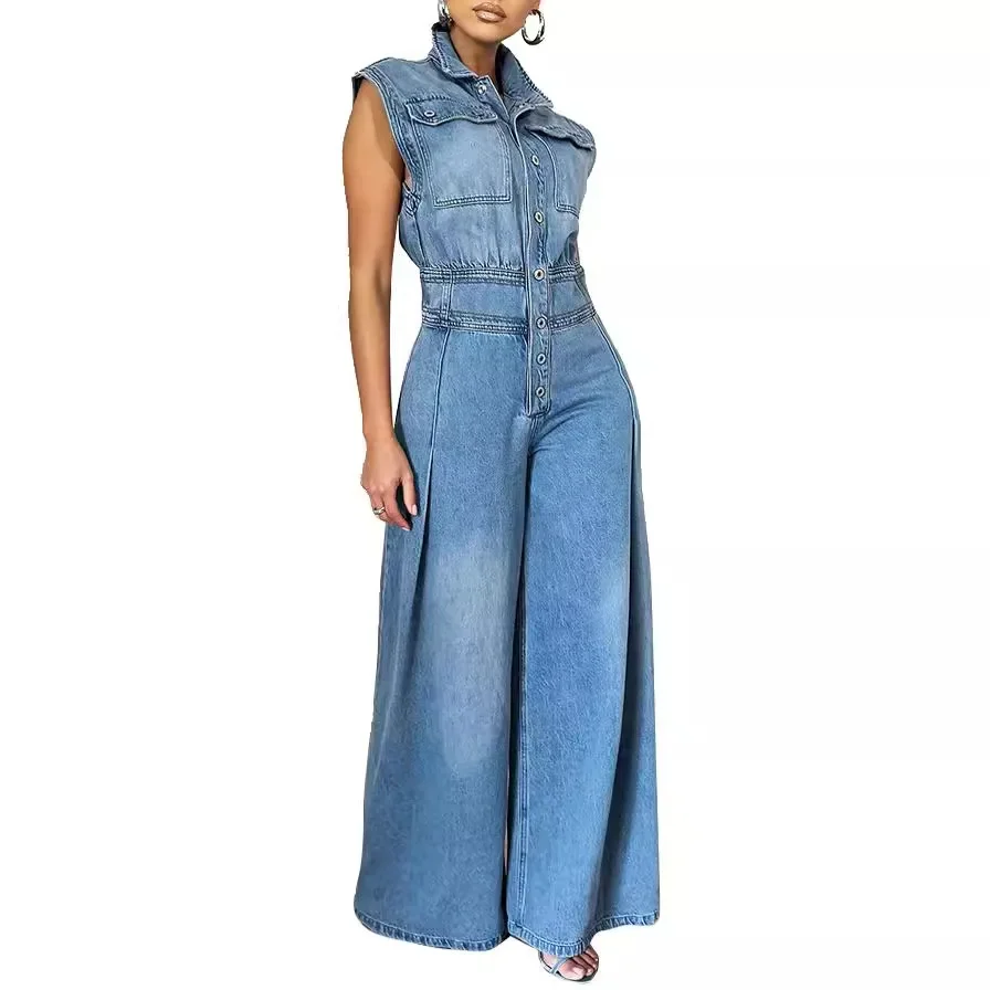 Jumpsuits Women One Piece Denim Jeans Overalls Sleeveless High Waist Turn Down Collar Wide Leg Long Pants Rompers Summer 2024