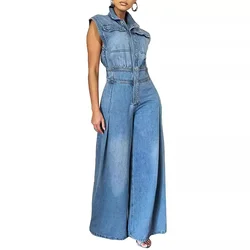 Jumpsuits Women One Piece Denim Jeans Overalls Sleeveless High Waist Turn Down Collar Wide Leg Long Pants Rompers Summer 2024