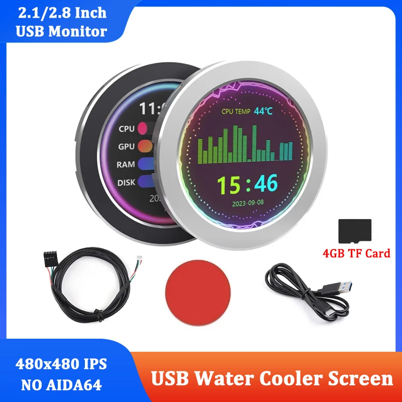 2.1 / 2.8 Inch USB Monitor Water Cooler Screen PC Case Secondary LCD 480x480 Music Spectrum Analysis CPU RAM  GPU Monitoring