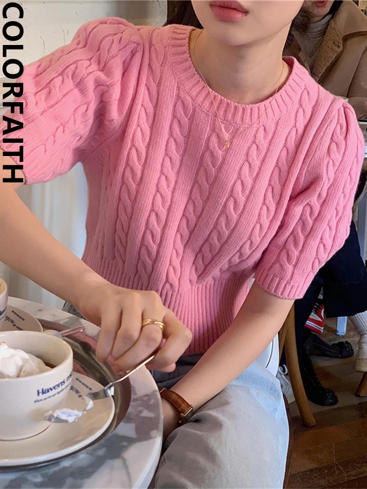 Colorfaith T9546DG nuovo 2024 Chic rosa manica a sbuffo moda coreana elegante signora ritaglio t-shirt donna primavera estate top corti