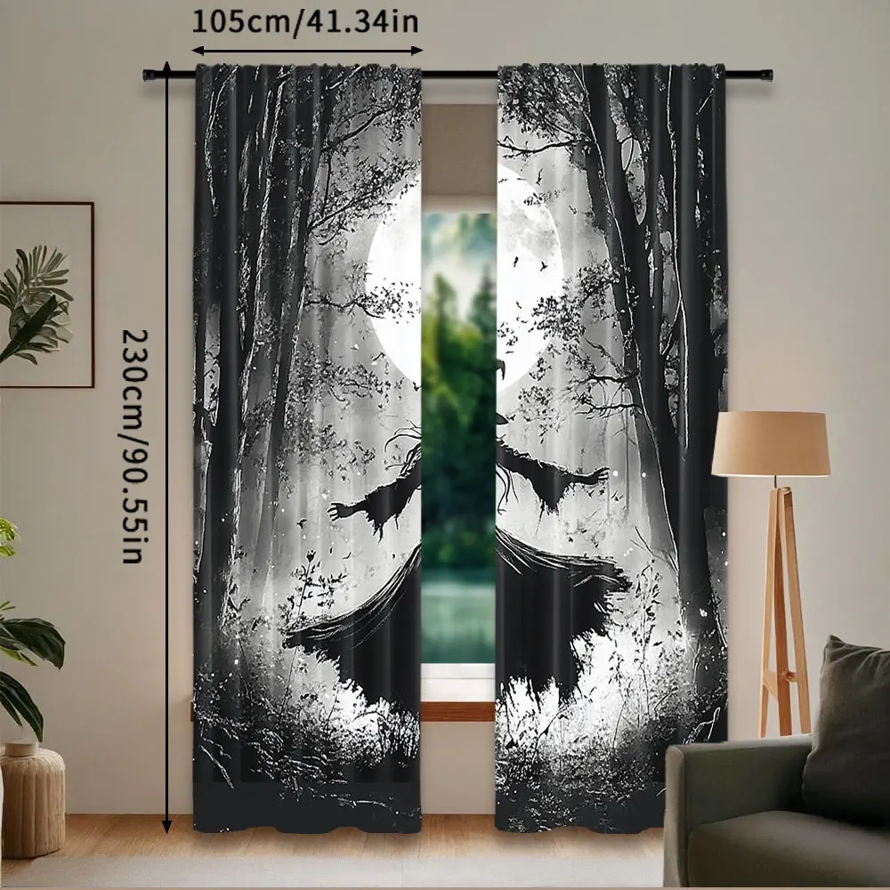 2Pcs Halloween Forest Curtain Horrible Foggy Full Moon Witch Silhouette Gothic Halloween Night Scene Bedroom Bathroom Decor