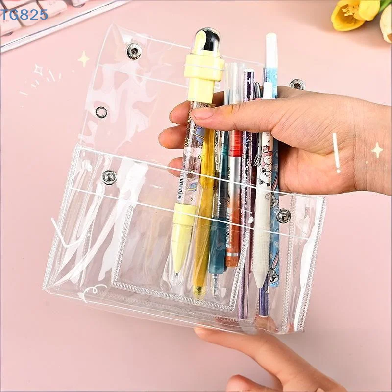 【SA】1Pcs PVC Transparent Button Pencil Case Large Capacity Vertical Simple Ins Style Student Desktop Finishing Niche Stationery