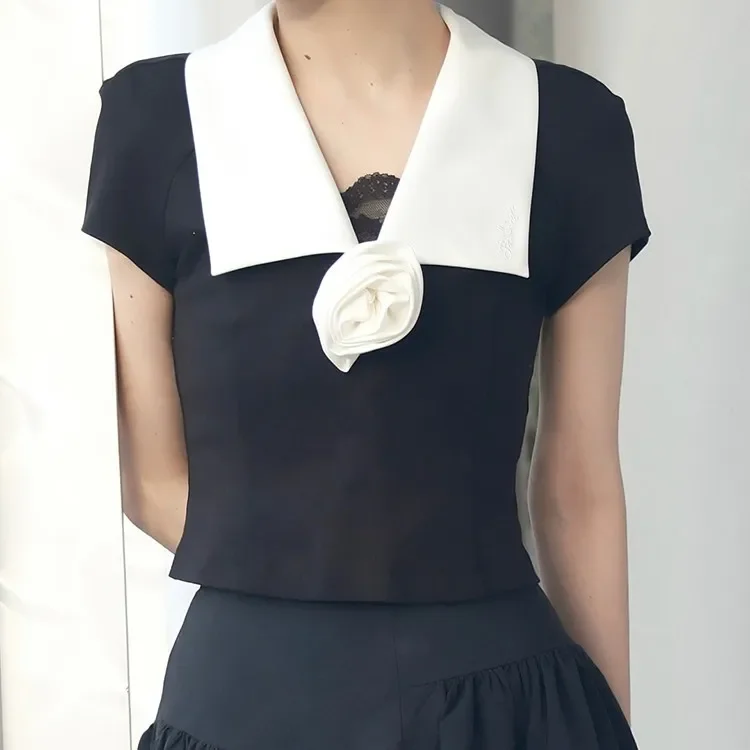 IMU Japanese Style Fashion Sweet 3D Rose Black Short T-shirt Summer New Women's Lapel Top French Elegant Ladies Cotton T-shirts