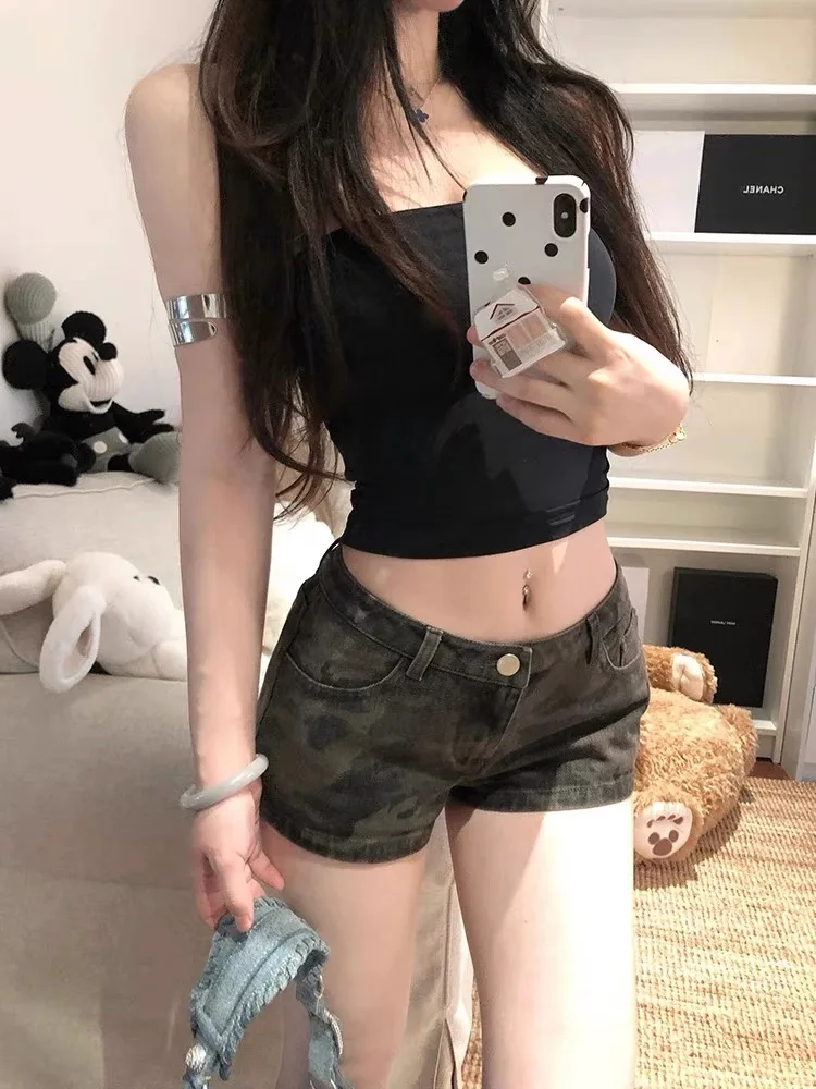 

Retro American Spicy Girl Low Waist Camouflage Denim orts Women's Winter Elastic Slim Fit Butt ort A-Line Hot Pants