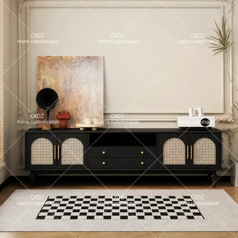 Nordic Medieval Solid Wood Rattan TV Cabinet French Living Room Retro High Footed Floor Cabinet Locker Home Audio Visual