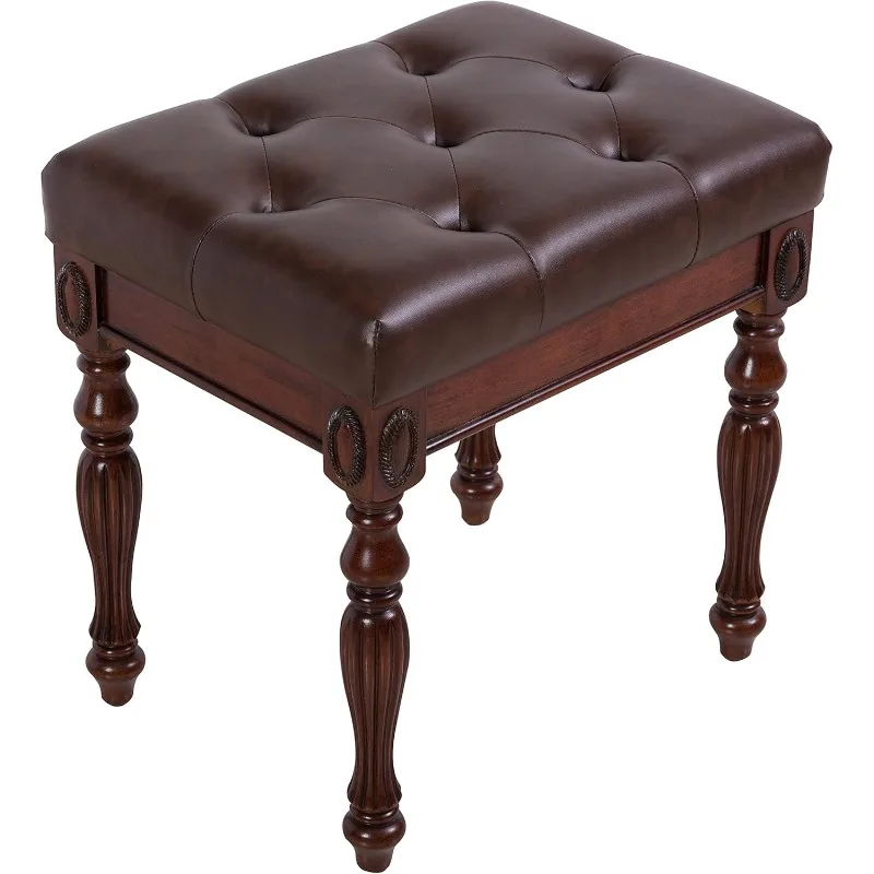 Tabouret de banc de vanité en bois massif avec coussin rembourré, banc de piano avec pieds en bois carboné, cuir respirant à boutons