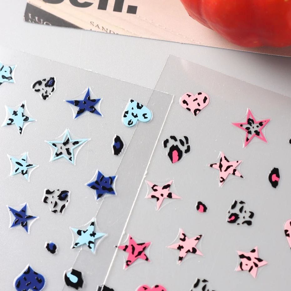 5 pcs Brown Leopard Print Nail Stickers Blue Pink Leopard Stars Self-Adhesive Sliders for Nails Leopard Heart Y2K Nail Art Decor