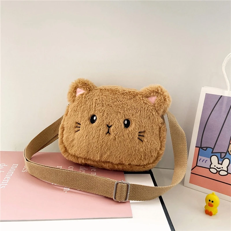 Baby Girls Cartoon Cat Crossbody Bags Cute Soft Plush Children\'s Shoulder Bag Winter Fashion Boys Kids Furry Handbags Coin Purse