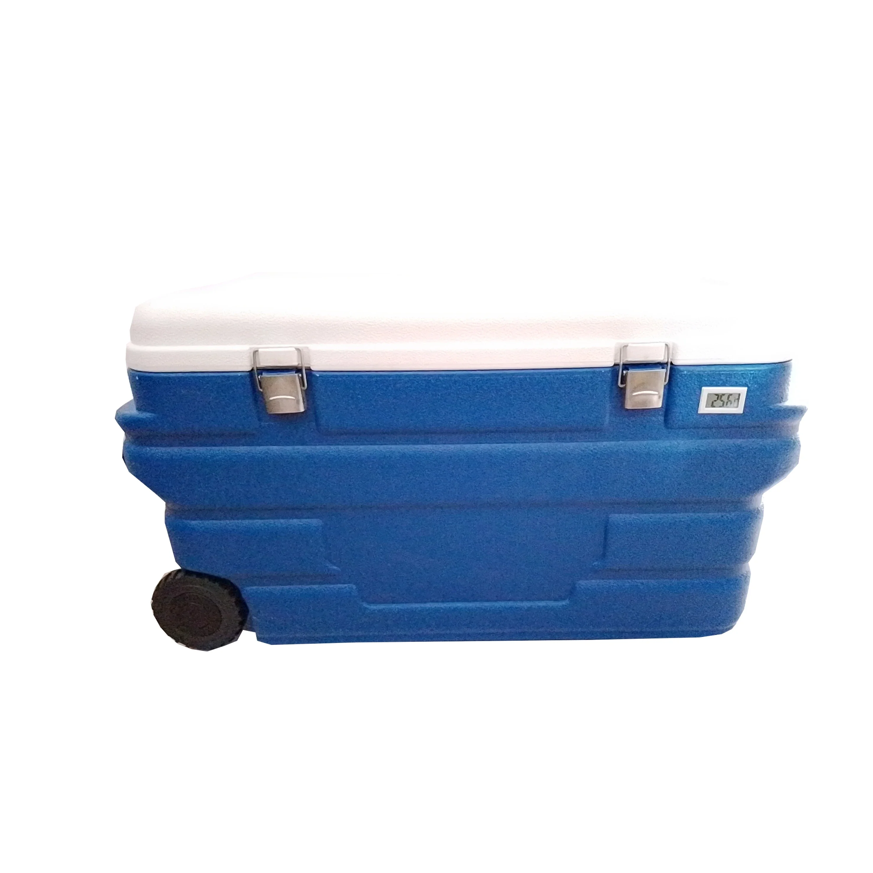 manufacturer 90L portable big transport wheeled storage boxes handle food cool box with wheels and locking cooler