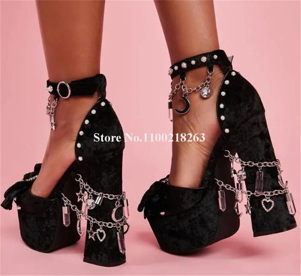 Metal Chains Pearls Decorated Thick Heel Sandals Black Suede High Platform Rhinestones Block Heel Dress Heels Wedding Pumps