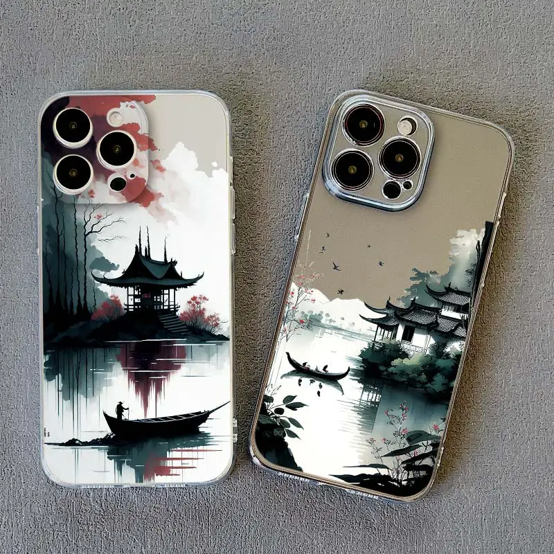 Ink and Wash Painting Scenery Clear Case for iPhone 12 13 Mini 11 Pro Max 14 13 Pro Max 7 8 Plus SE2 X XR XS Transparent Cover