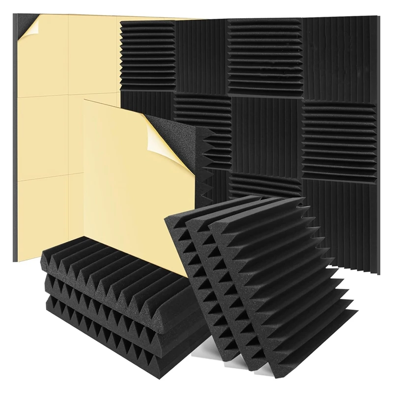 6 Pack Acoustic Foam Panels 2 X 12 X 12 Inch Self-Adhesive High Density Wedge Acoustic Foam Soundproof Wall Panels