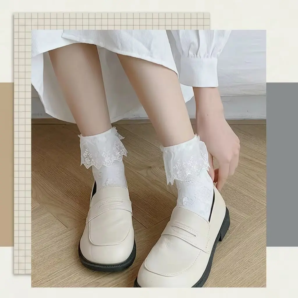 Lolita Lace Ruffle Socks Women Kawaii White Princess Ankle Socks Japanese Style Frilly Mesh Cotton Socks Cute Girls Crew Socks