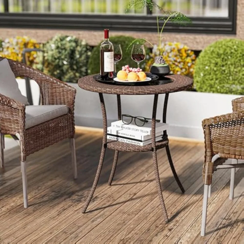 25.5" Wicker Patio Dining Table, Outdoor Round Bistro Side Table with Tempered Glass Top and Storage Shelf,