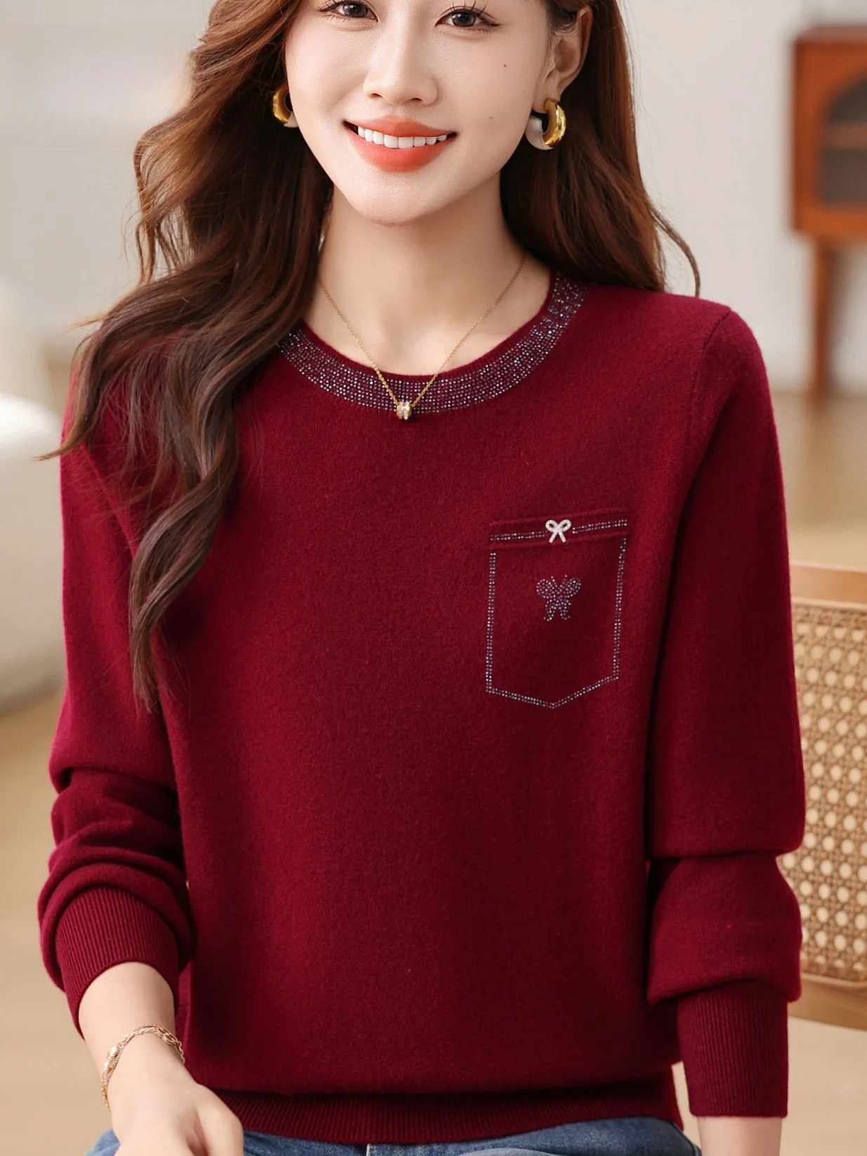 

Ele round Ne Knitted Sweater for Mom Autumn Winter Faion Embroidered ket Camere Women's Top ape Loose Fit