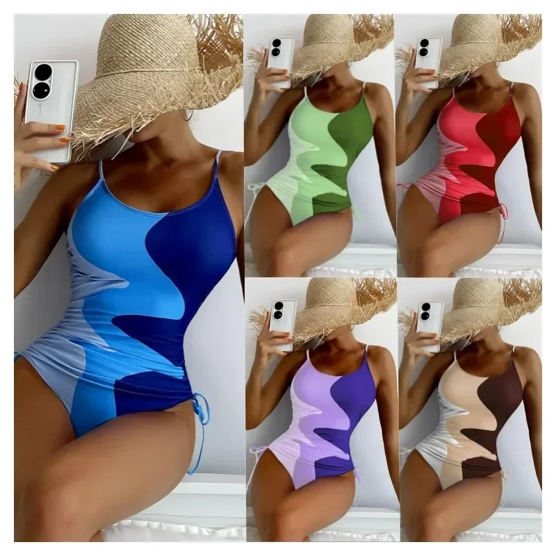 New Sexy Bikini One Piece Swimsuit Summer Brazil Beachwear Printed Tie Dye Gradient Off Back Swimming Suit for Women