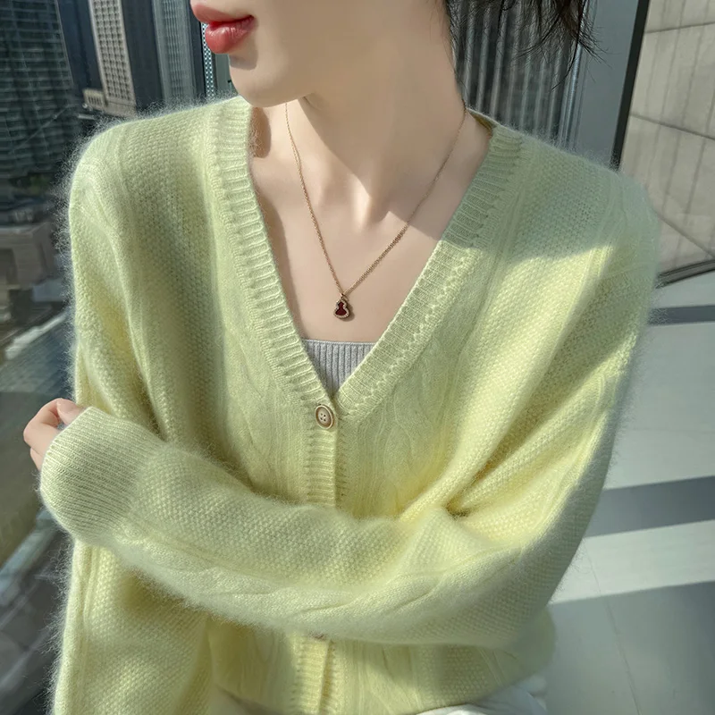 

Модный кардиган из 100% норкового кашемира с v-образным вырезом, свитер для зимы, женский трикотаж с длинными рукавами, базовая элегантная теплая одежда, топы