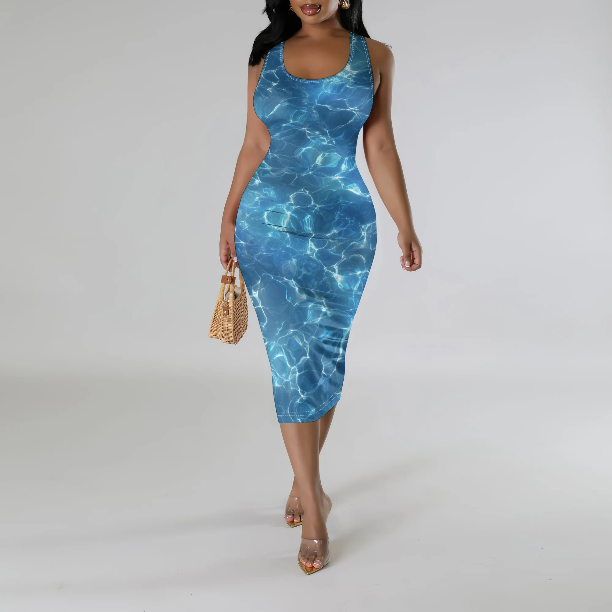 

Blue Water Ripple Print Bodycon Midi Dress S-3XL Sleeveless U-Neck Style for Beach Vacation, Pool Party or Summer Streetwear