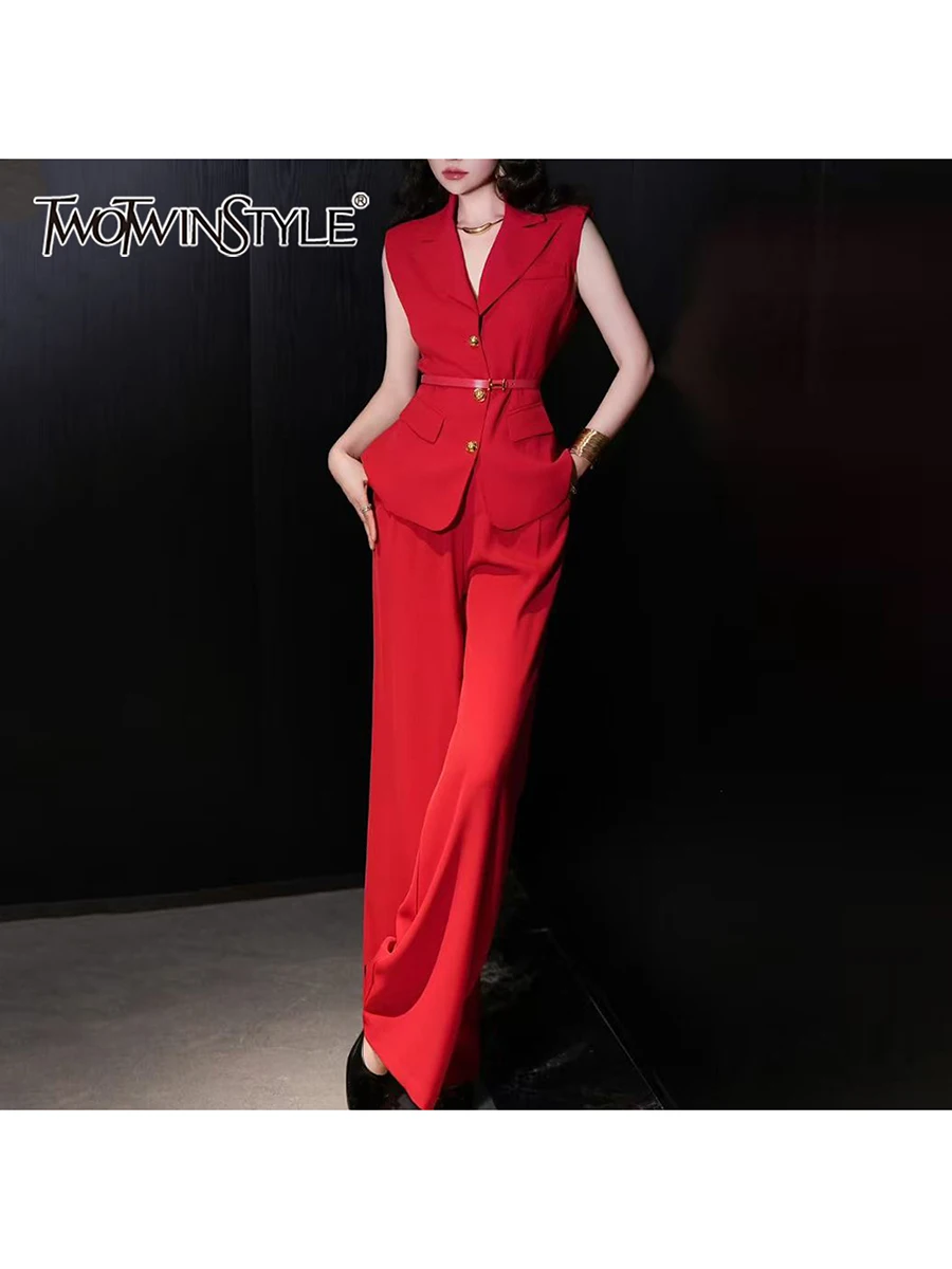 

TWOTWINSTYLE Solid Temperament Two Piece Sets for Women Lapel Sleeveless Spliced Single Breasted Top High Waist Pant Set Female