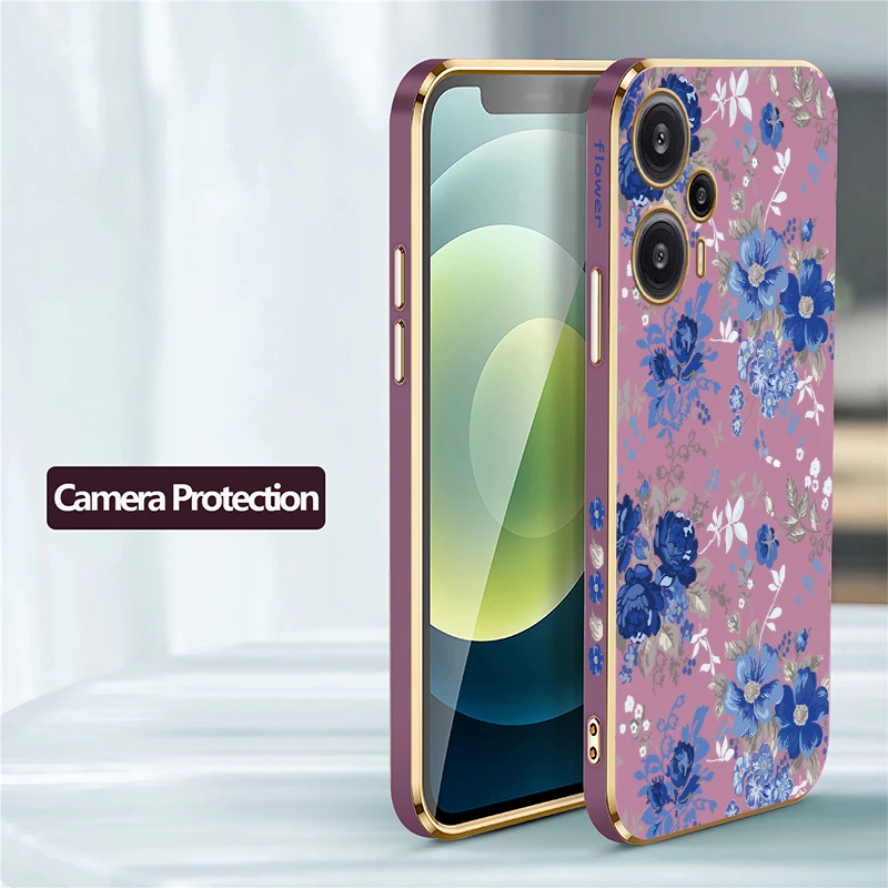 Flower Print Phone Case For Xiaomi Poco F6 Pro F 6 F5 F3 C40 C31 Silicone Shockproof Plating Lens Protection Soft TPU Cover