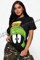 LOONEY TUNES Women's Casual Cool Cute Letter Cartoon Print Black Short Sleeve Men's Marvin The Martian T-Shirt Summer Tops