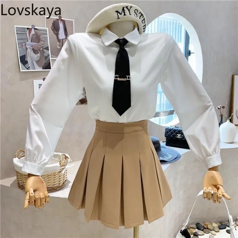 Academy style high waisted pleated skirt uniform three piece small suit JK set temperament badge suit white shirt