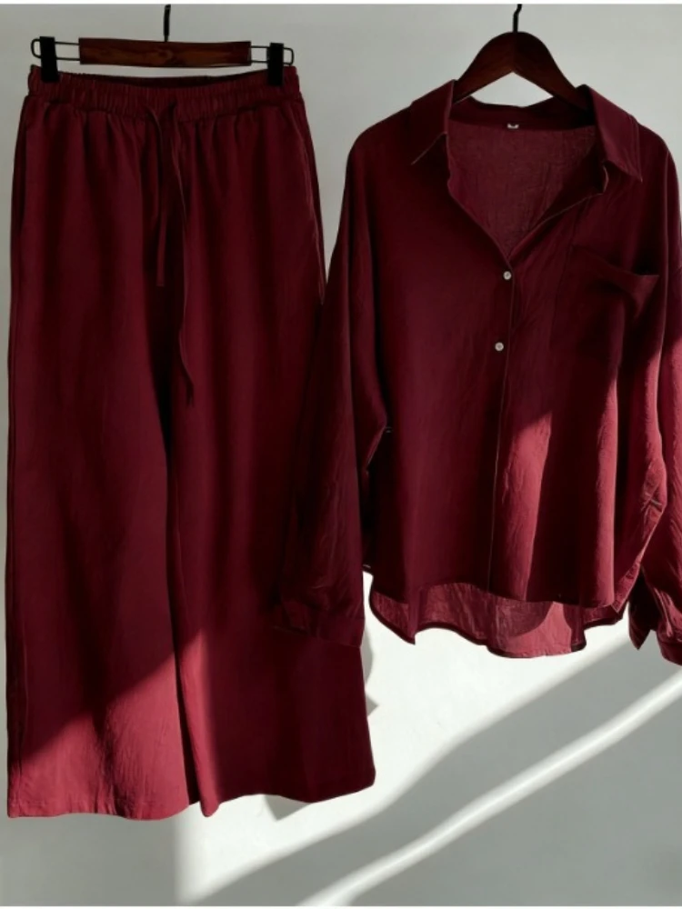 Women's Retro Plus Size Solid Color Comfortable Casual Cotton and Linen Shirt Set High Waisted Loose Pants Two-piece Set
