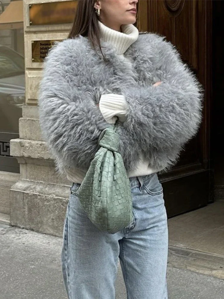 

Осень/зима 2022, модная теплая женская меховая куртка, куртка из искусственного меха, женское толстое плюшевое пальто с круглым вырезом и длинными рукавами