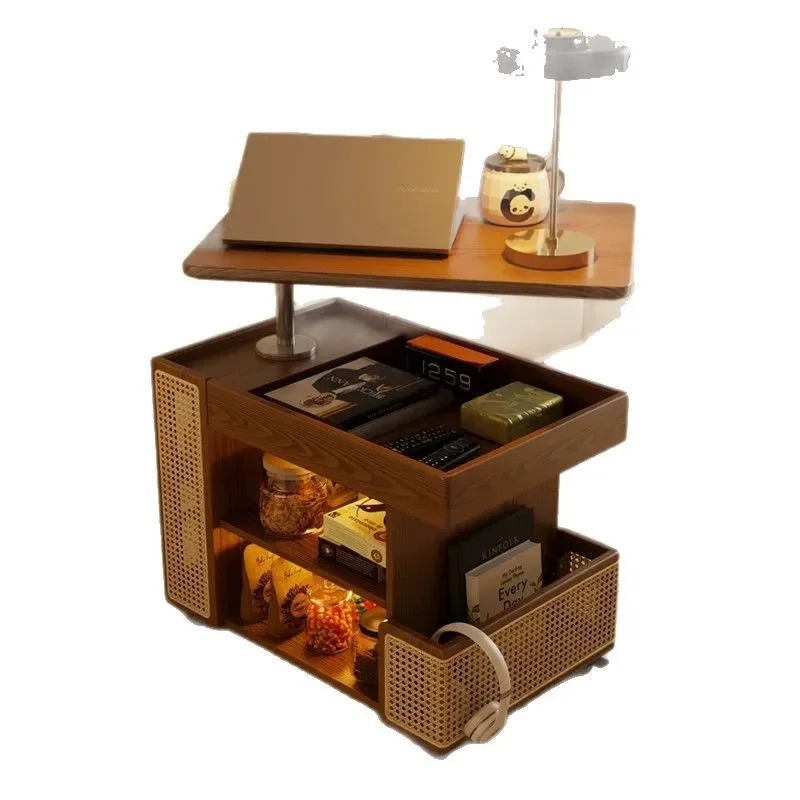 

Solid wood mobile wheeled bus small apartment lifting coffee table household living room sofa rotating trolley side cabinet