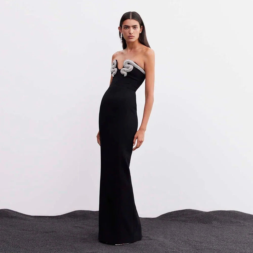 

2024 Women's Black Sexy Strapless Luxury Diamond Crystal Snake Tight Long Bandage Dress Elegant Celebrity Party Dress