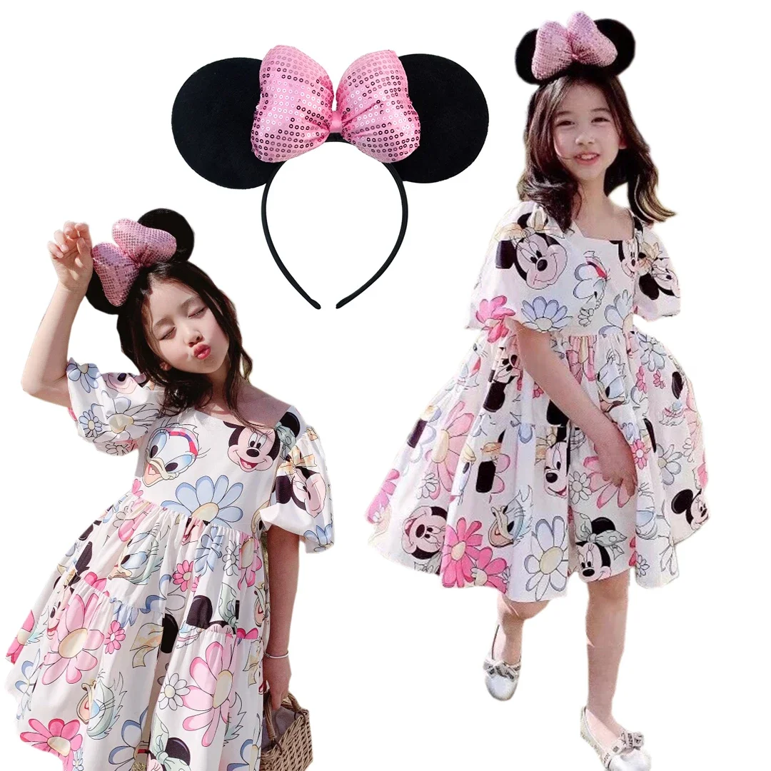 Mickey Minnie Mouse Girls Summer Casual Dress Kids Toddler Flower Cartoon Puff Sleeve Clothes Cute Princess Vestidos Prom Party